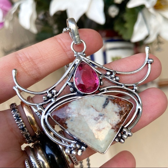 925 Sterling silver pink topaz & jasper necklace - Picture 3 of 8